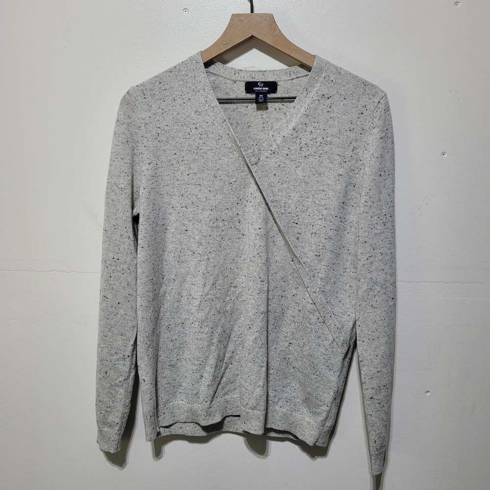 Lands' End Wrap Front‎ Sweater Women M Grey 100% Cashmere Speckled V-Neck Luxury